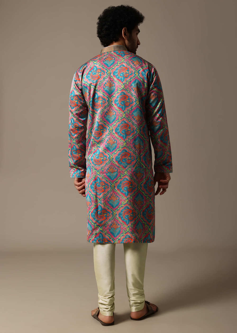 Aqua Blue Printed Silk Kurta Set For Men