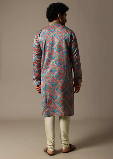 Aqua Blue Printed Silk Kurta Set For Men