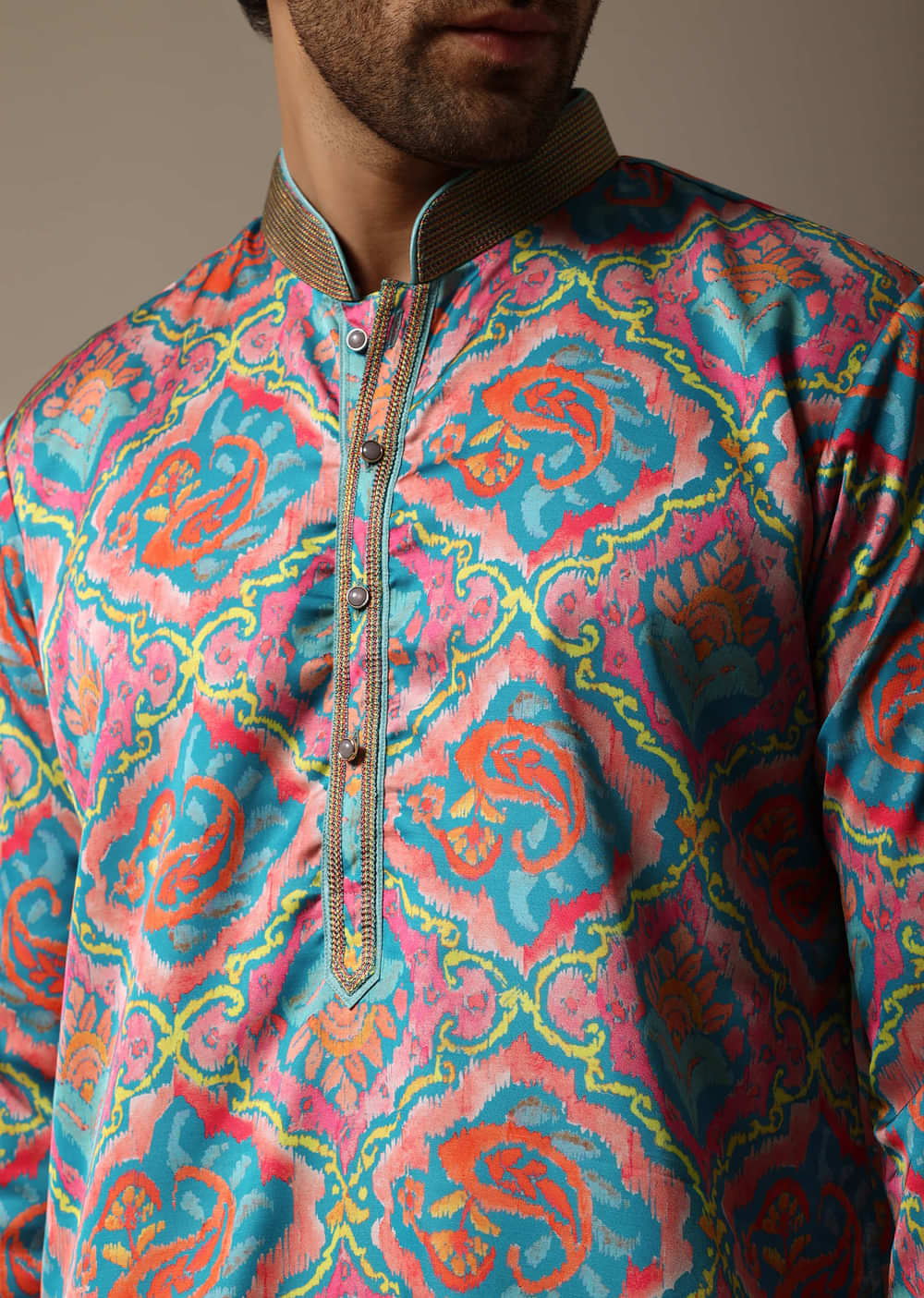 Aqua Blue Printed Silk Kurta Set For Men