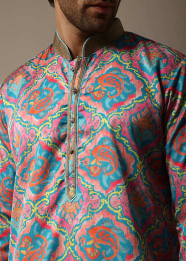 Aqua Blue Printed Silk Kurta Set For Men
