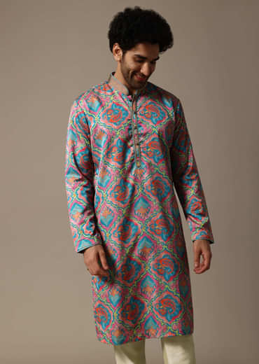 Aqua Blue Printed Silk Kurta Set For Men