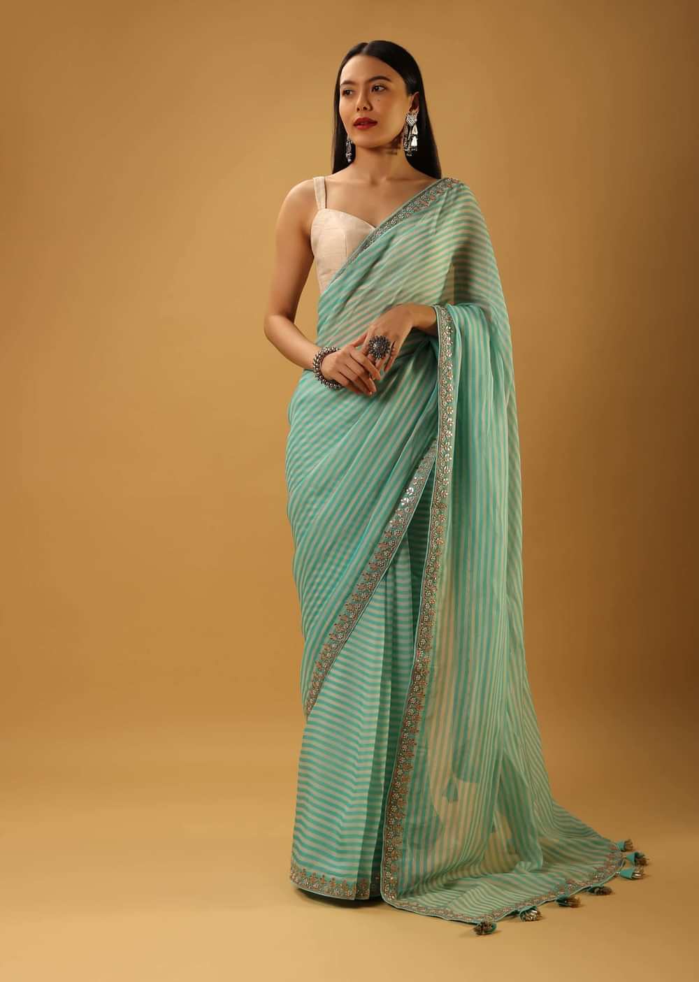 Aqua Blue Saree In Organza With Striped Print And Gotta Embroidered Border