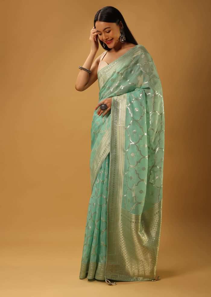 Aqua Blue Saree In Organza With Woven Moroccan Jaal