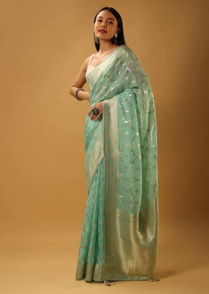Aqua Blue Saree In Organza With Woven Moroccan Jaal