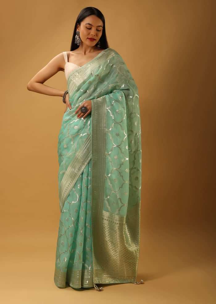 Aqua Blue Saree In Organza With Woven Moroccan Jaal