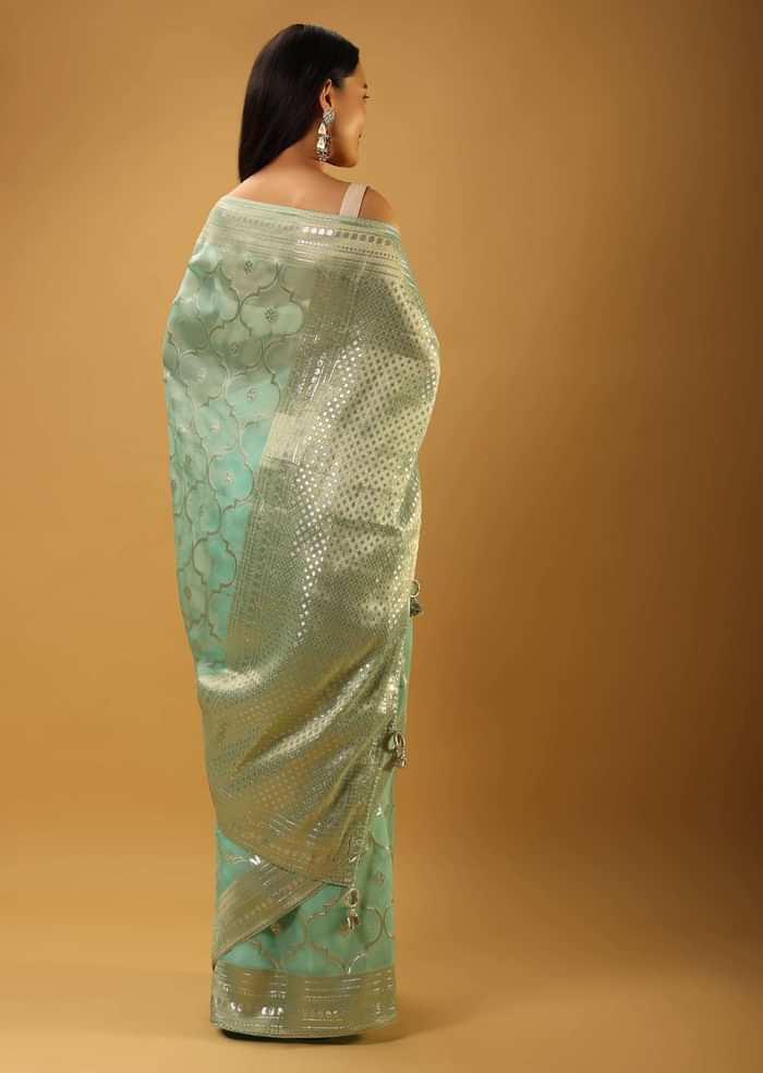 Aqua Blue Saree In Organza With Woven Moroccan Jaal