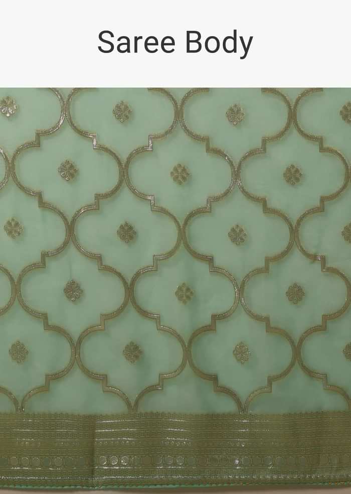 Aqua Blue Saree In Organza With Woven Moroccan Jaal