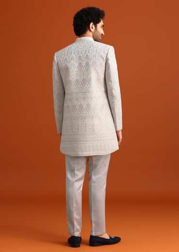 Aqua Blue Satin Silk Embroidered Sherwani Set