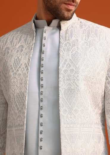 Aqua Blue Satin Silk Embroidered Sherwani Set