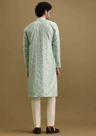 Aqua Blue Silk Kurta Set With Resham Work For Men