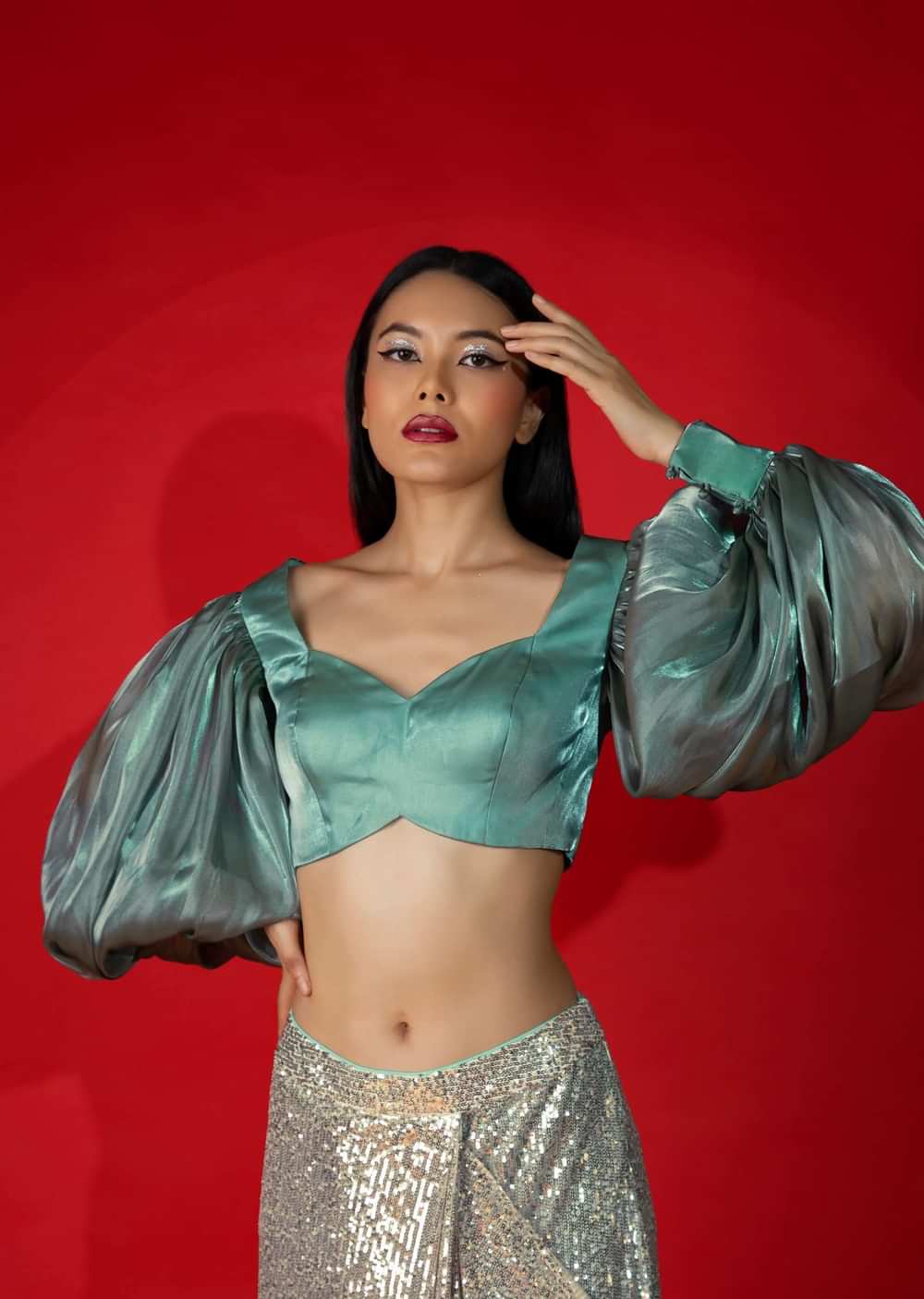 Aqua Green And Grey Organza Blouse With Elaborate Balloon Sleeves.