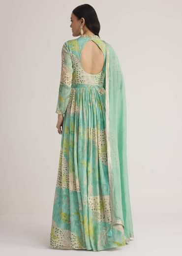 Aqua Green Printed Anarkali With Embroidered Dupatta