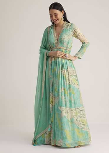Aqua Green Printed Anarkali With Embroidered Dupatta