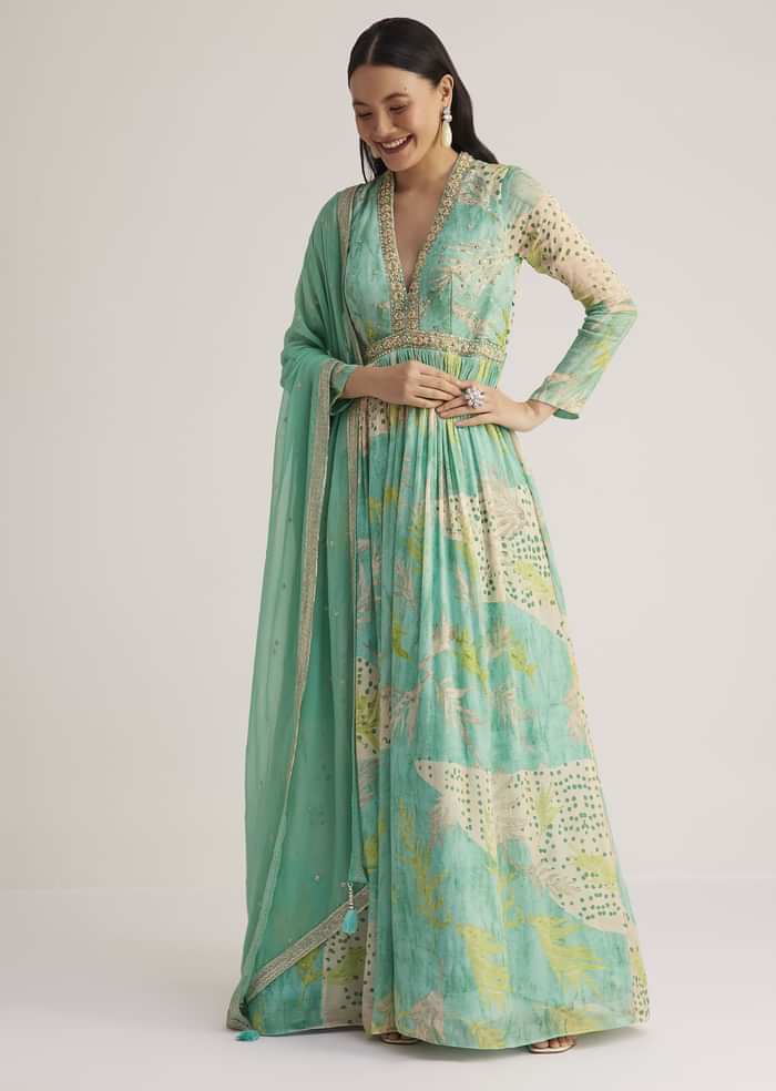 Aqua Green Printed Anarkali With Embroidered Dupatta