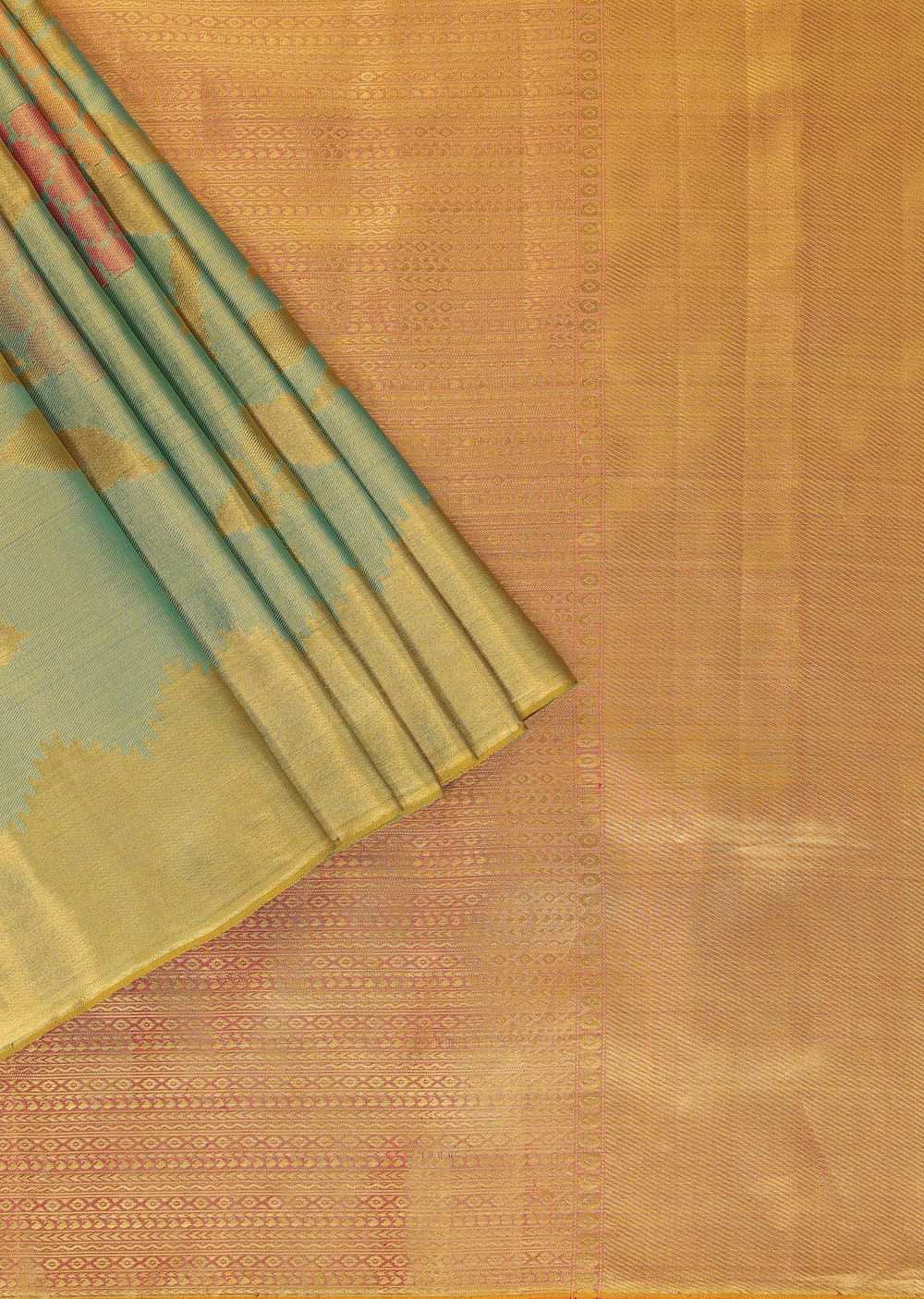 Sea Green Kanjivaram Saree In Tissue With Real 22gm Gold Zari And Unstitched Blouse