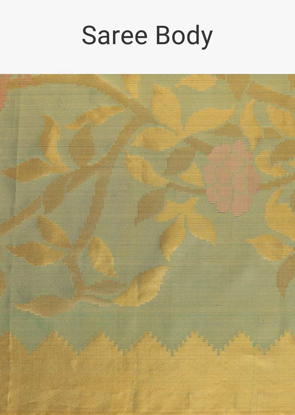 Sea Green Kanjivaram Saree In Tissue With Real 22gm Gold Zari And Unstitched Blouse