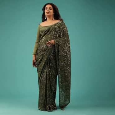 Army Green Saree In Sequins And Organza With Detailed Embroidery