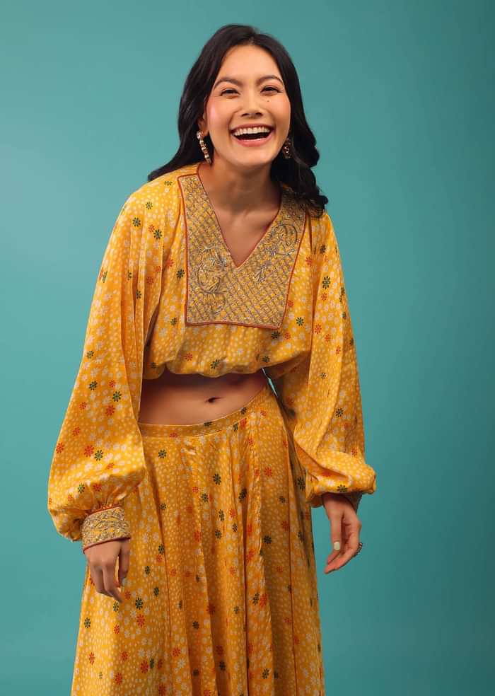 Artisan's Yellow Crop Top And Skirt With Floral Prints
