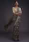 Ash Grey Saree In Linen With Batik Printed Buttis And Zari Weaved Border Online - Kalki Fashion