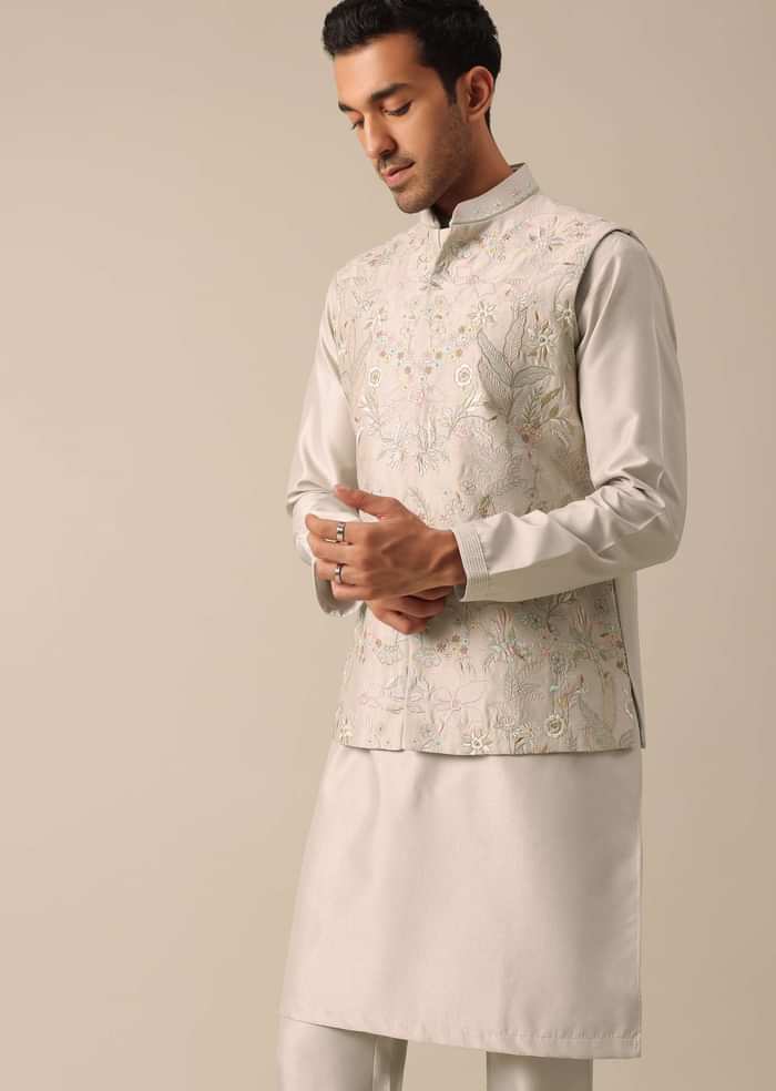 Ash Grey Jacket And Kurta Set With Floral Motifs