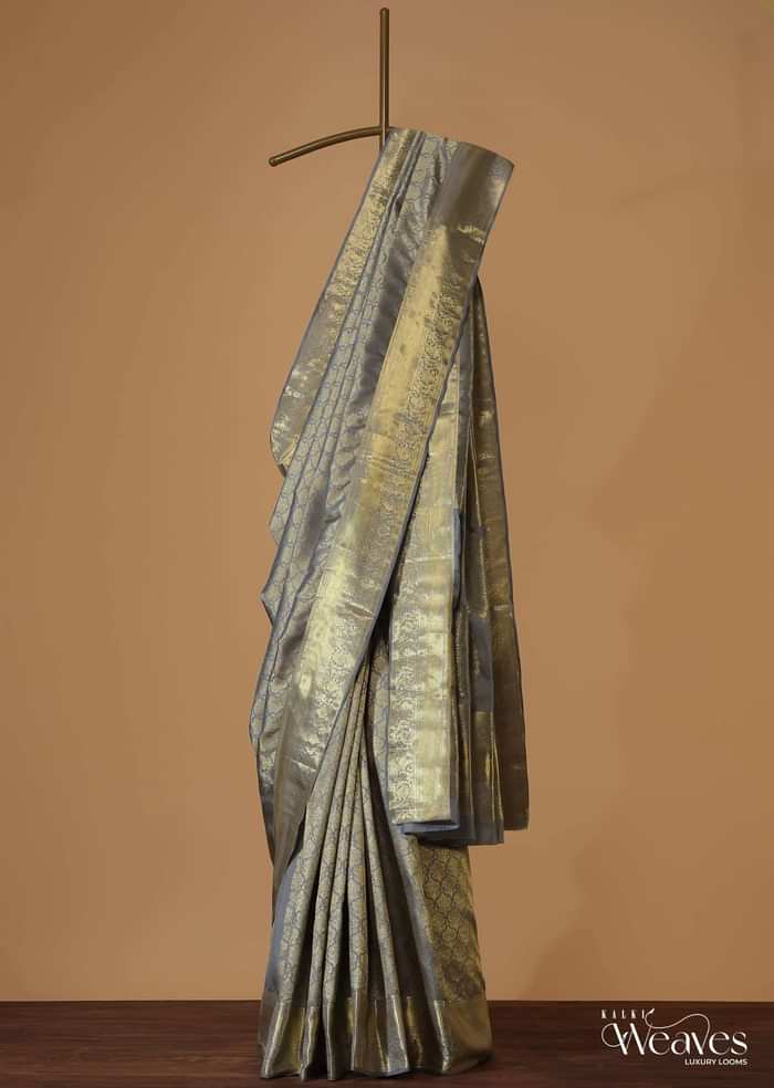 Ash Purple Woven Kanjivaram Saree In Pure Silk With Unstitched Blouse
