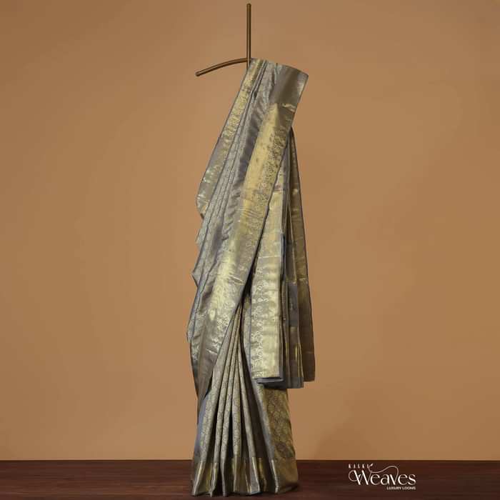 Ash Purple Woven Kanjivaram Saree In Pure Silk With Unstitched Blouse