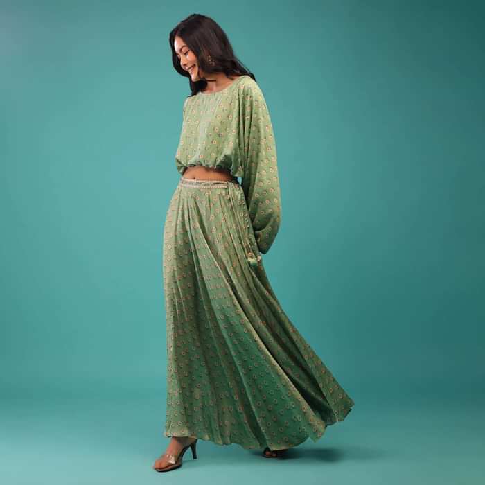Aspen Green Crop Top With Skirt In Satin Silk