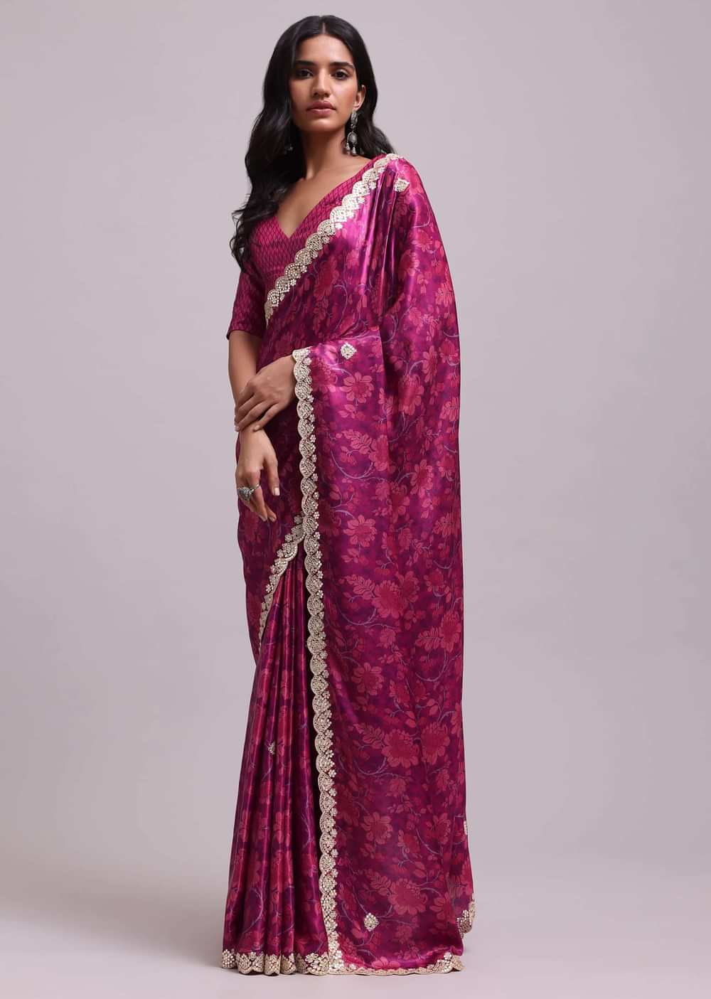 Azalea Pink Festive Saree In Muslin With Floral Prints And Gota Patti Border Work
