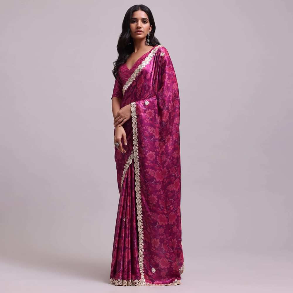 Azalea Pink Festive Saree In Muslin With Floral Prints And Gota Patti Border Work