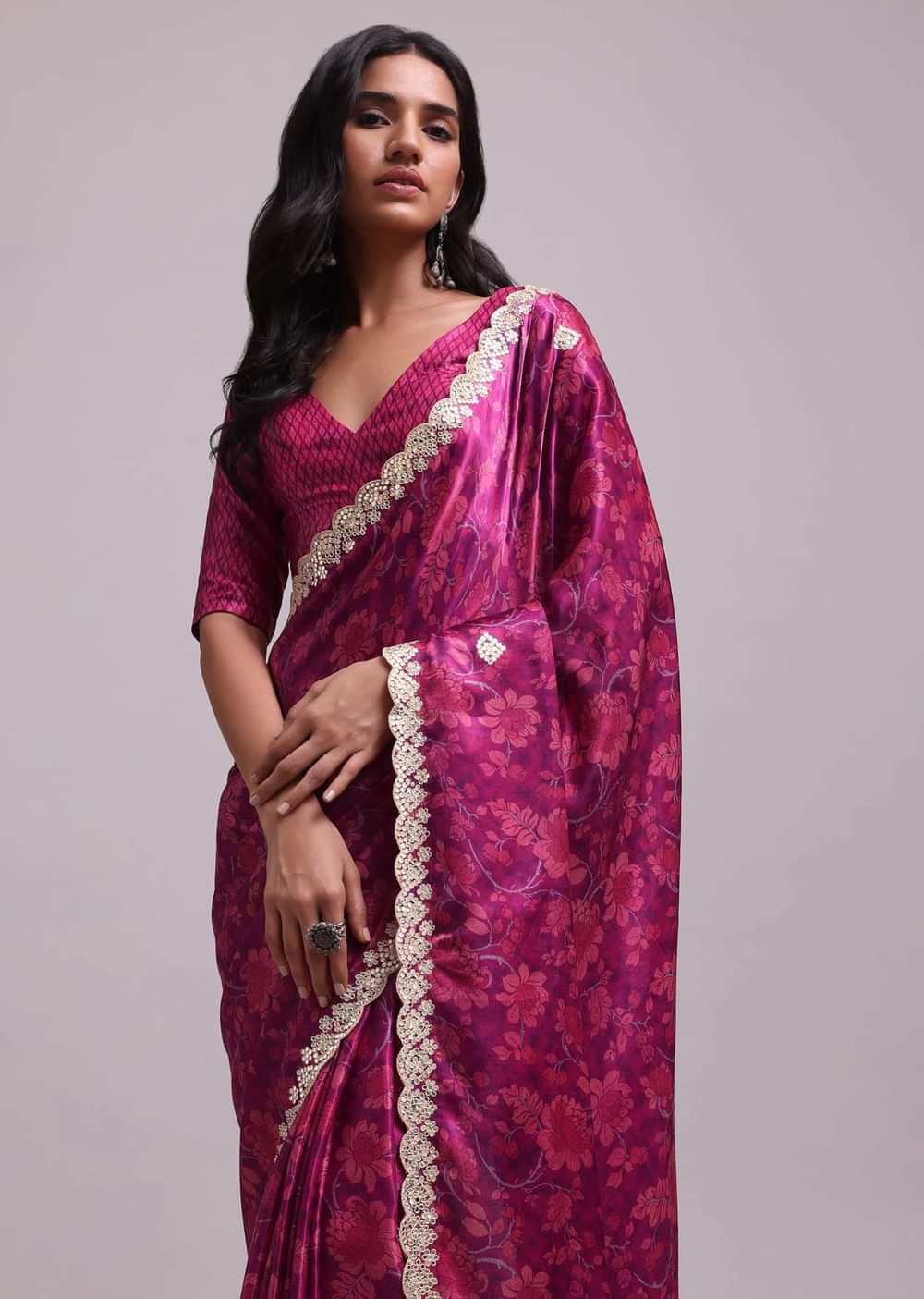 Azalea Pink Festive Saree In Muslin With Floral Prints And Gota Patti Border Work