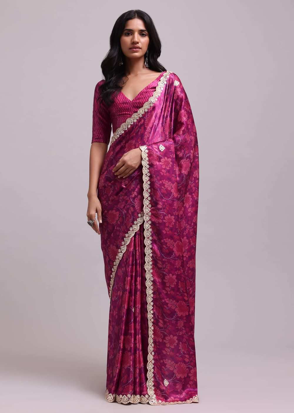 Azalea Pink Festive Saree In Muslin With Floral Prints And Gota Patti Border Work