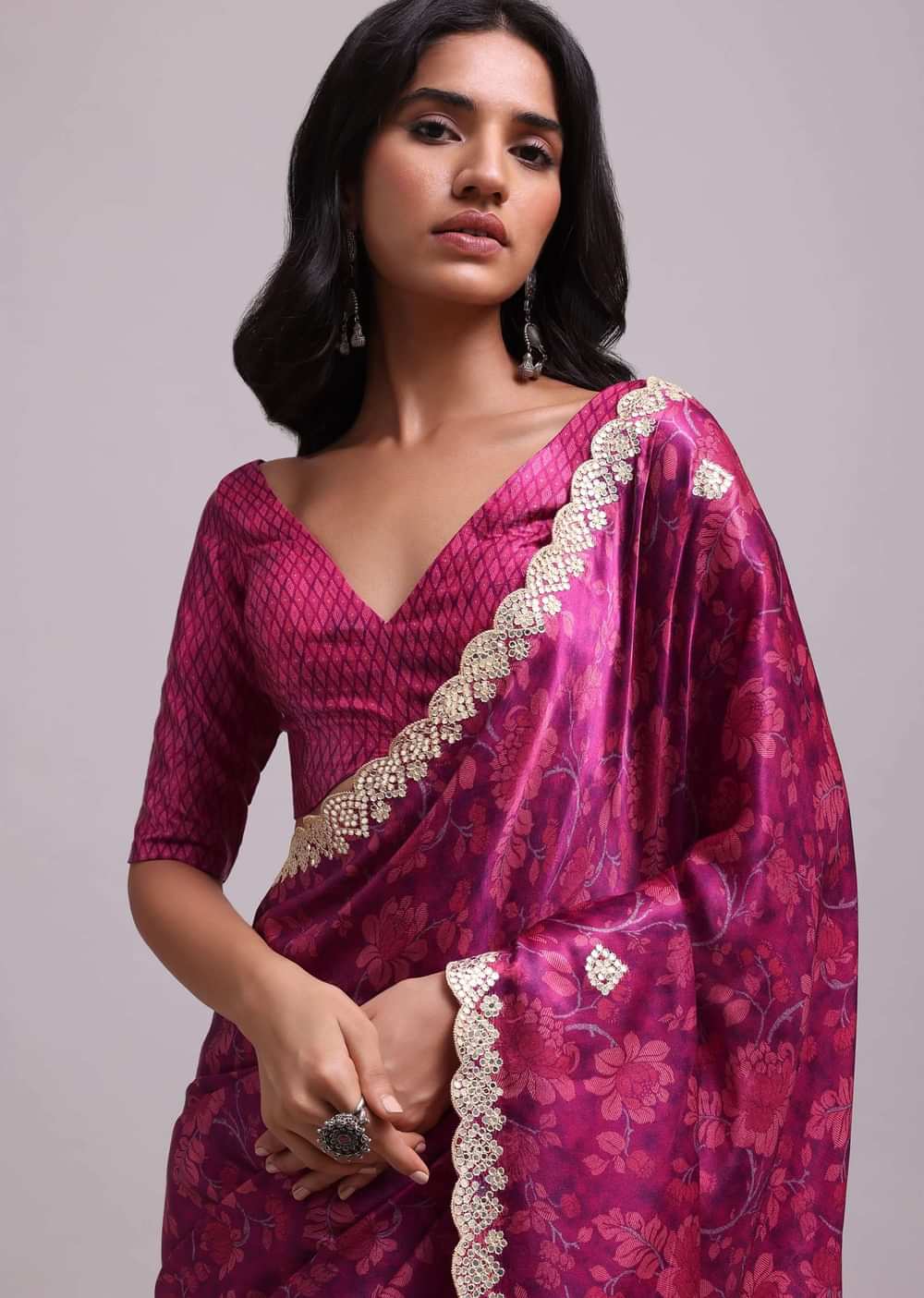 Azalea Pink Festive Saree In Muslin With Floral Prints And Gota Patti Border Work
