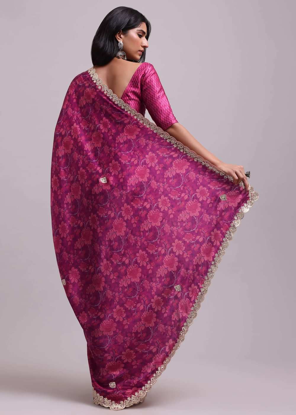 Azalea Pink Festive Saree In Muslin With Floral Prints And Gota Patti Border Work