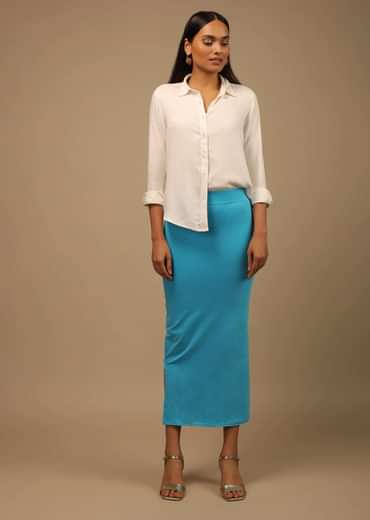 Azure Blue Shapewear Saree Petticoat In Cotton Lycra With Elastic Waistband And Slit