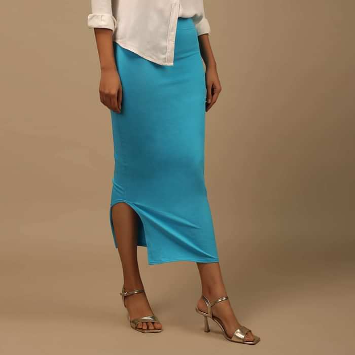 Azure Blue Shapewear Saree Petticoat In Cotton Lycra With Elastic Waistband And Slit
