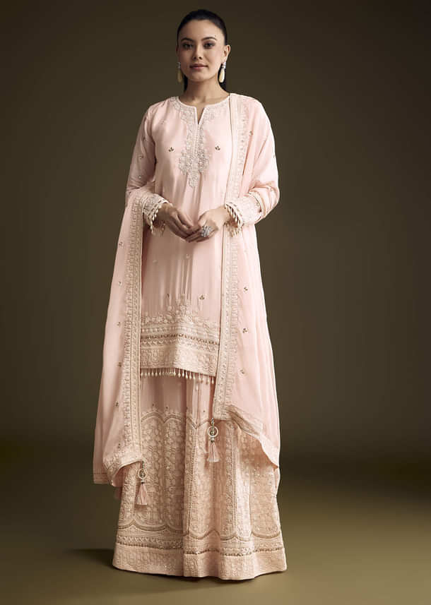 Baby Pink Chinon Palazzo Suit With Thread And Sequins Work Baby Pink Chinon Palazzo Suit With Thread And Sequins Work