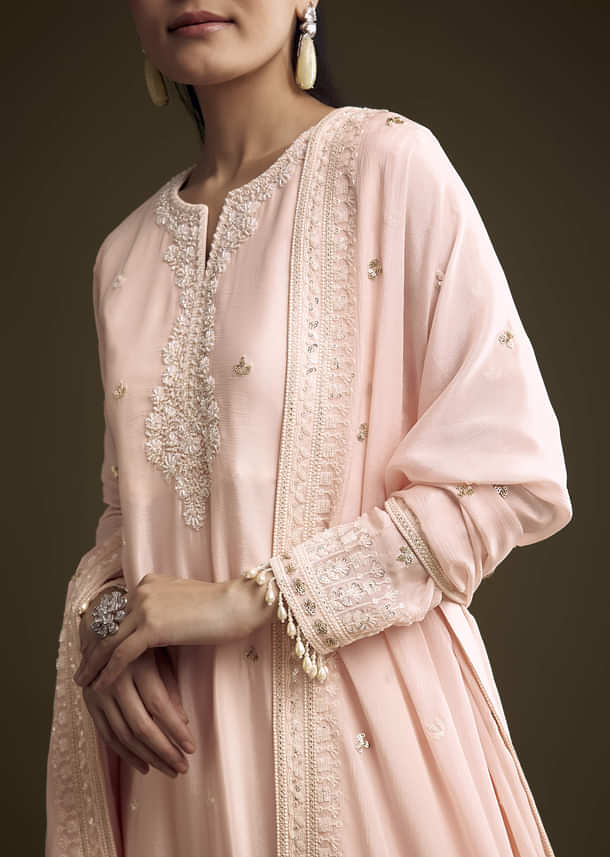 Baby Pink Chinon Palazzo Suit With Thread And Sequins Work Baby Pink Chinon Palazzo Suit With Thread And Sequins Work