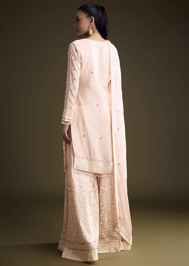Baby Pink Chinon Palazzo Suit With Thread And Sequins Work Baby Pink Chinon Palazzo Suit With Thread And Sequins Work