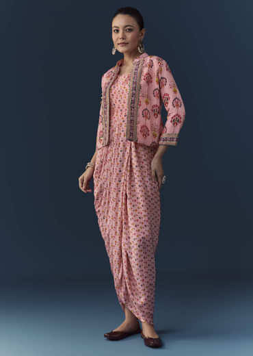 Baby Pink Floral Print Draped Gown with Sequins Jacket