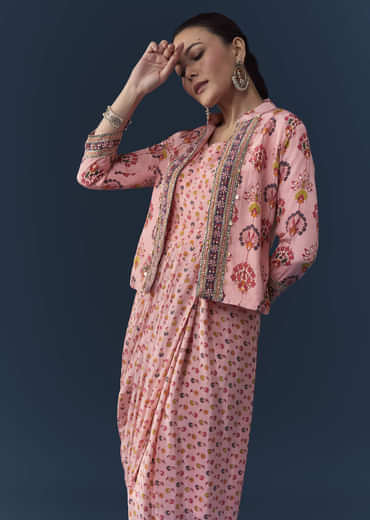 Baby Pink Floral Print Draped Gown with Sequins Jacket