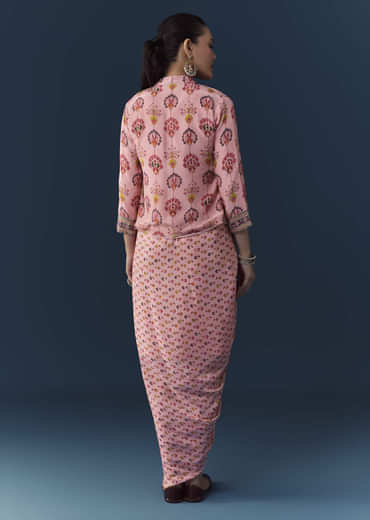 Baby Pink Floral Print Draped Gown with Sequins Jacket