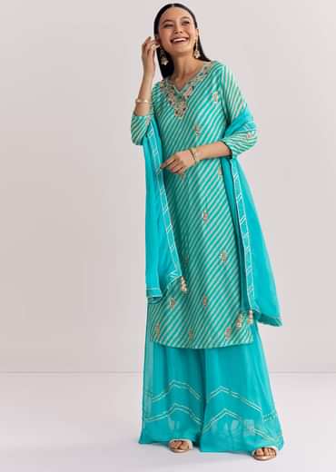 Baby Pink Georgette Kurta Palazzo Suit With Organza Dupatta And Moti Work