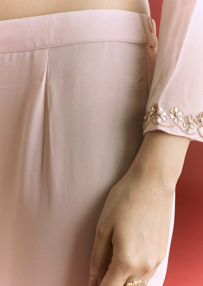 Baby Pink Georgette Kurta Sharara Suit With Moti Work And Gotta Lace