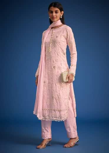 Baby Pink Organza Embroidered Straight Kurta Set
