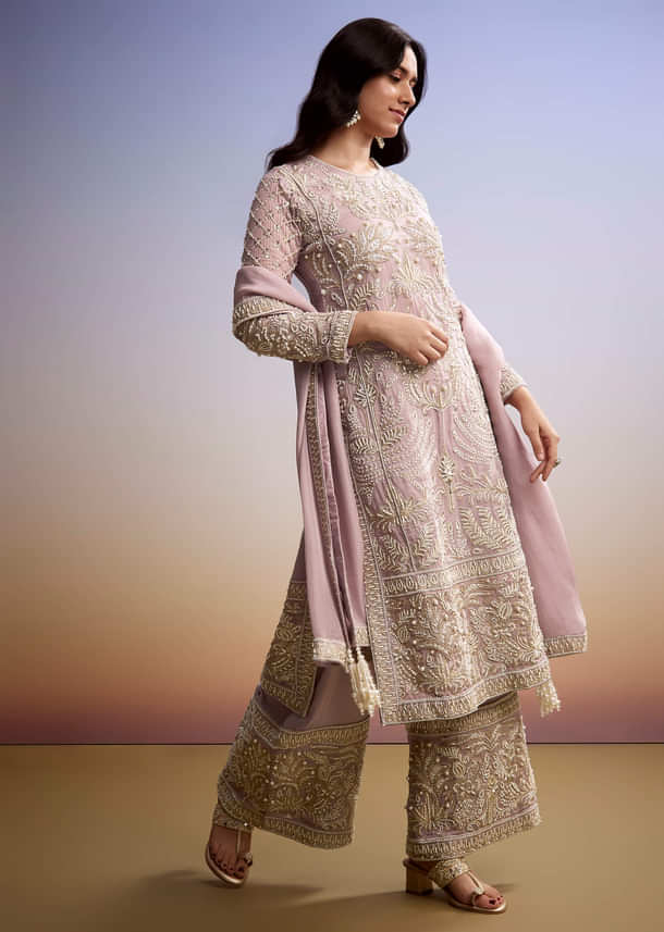 Baby Pink Organza Palazzo Suit With Zari And Moti Work Baby Pink Organza Palazzo Suit With Zari And Moti Work