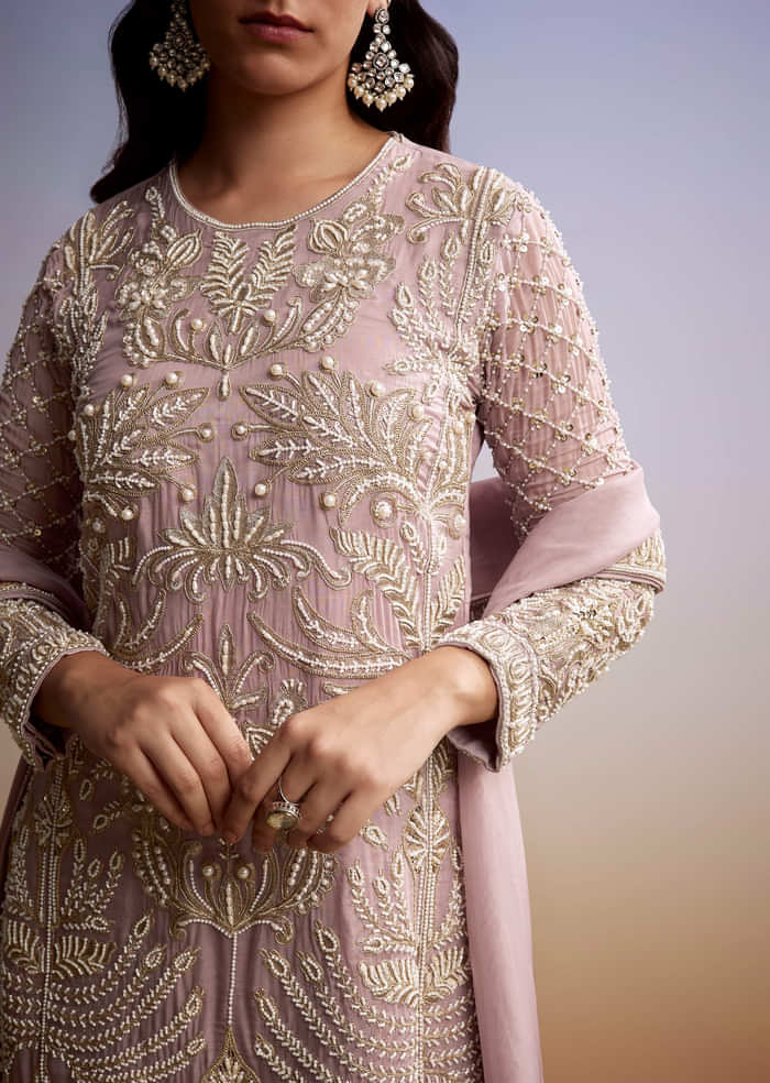 Baby Pink Organza Palazzo Suit With Zari And Moti Work