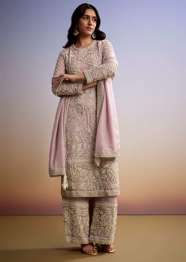 Baby Pink Organza Palazzo Suit With Zari And Moti Work Baby Pink Organza Palazzo Suit With Zari And Moti Work