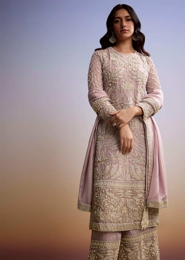 Baby Pink Organza Palazzo Suit With Zari And Moti Work Baby Pink Organza Palazzo Suit With Zari And Moti Work