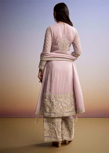 Baby Pink Organza Palazzo Suit With Zari And Moti Work