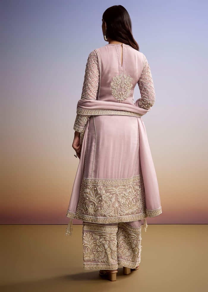 Baby Pink Organza Palazzo Suit With Zari And Moti Work